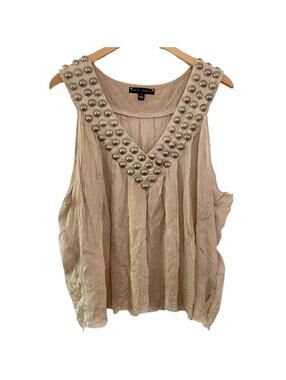 Sheri Bodell Sleeveless Silk Top Embellished Studded Sheer Beige